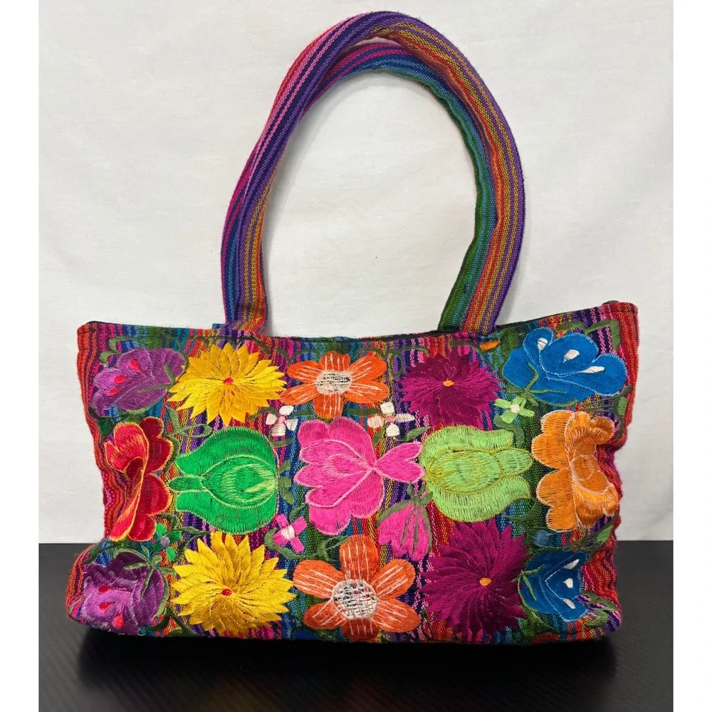 Mexican Floral Embroidered Tote Bag Boho Striped Woven Shoulder Bag Multi-Color